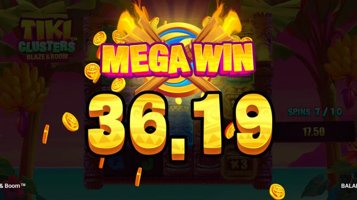 Tampilan visual slot Tiki Clusters Blaze & Boom dengan tema hutan tropis dan topeng Tiki.