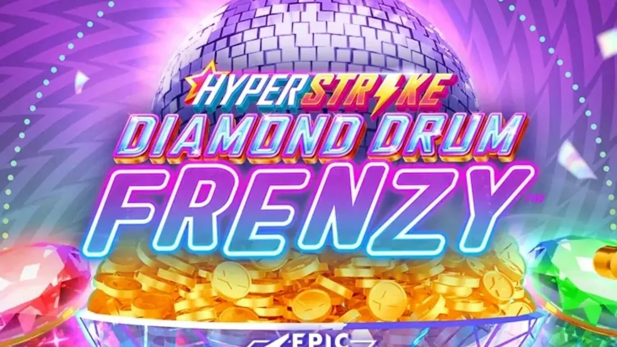 Tampilan visual slot Hyper Strike Diamond Drum Frenzy dengan tema neon retro dan drum emas.